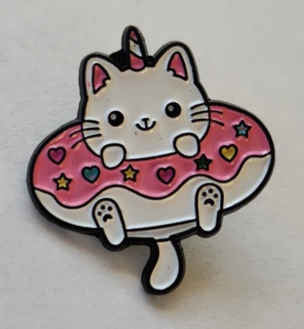 Cute Unicorn Kitty Cat In A Donut or Swimming Ring Pin Lapel Hat Brooch